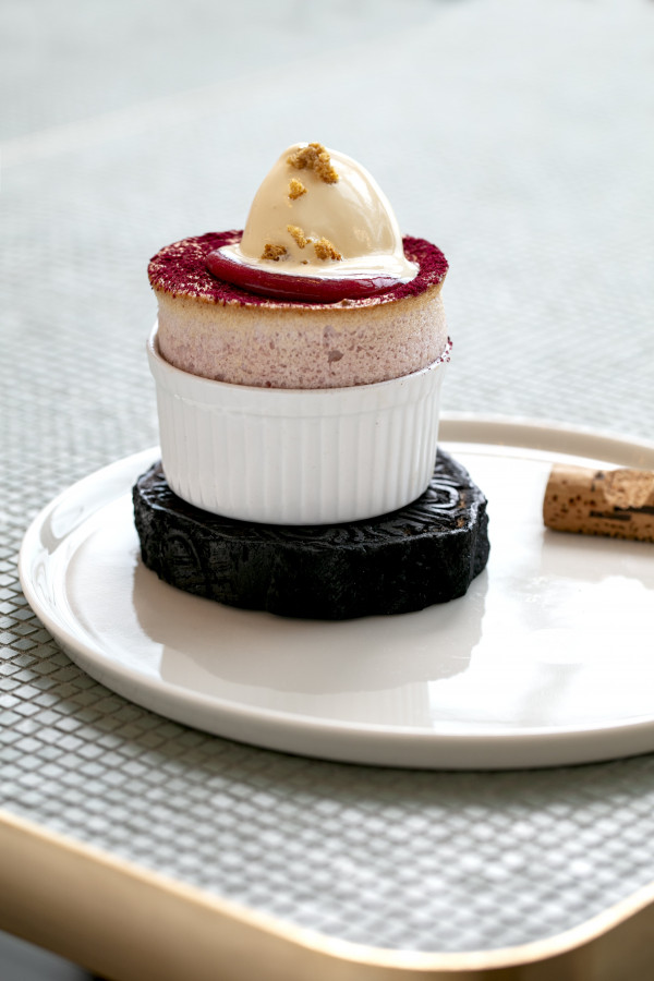 Origine's Soufflé Rhubarbe, Glace Pain D’épices (Rhubarb souffle with gingerbread ice cream)