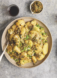Crushed Potatoes, Leeks and Peas with Roasted Almond and Mint Pesto