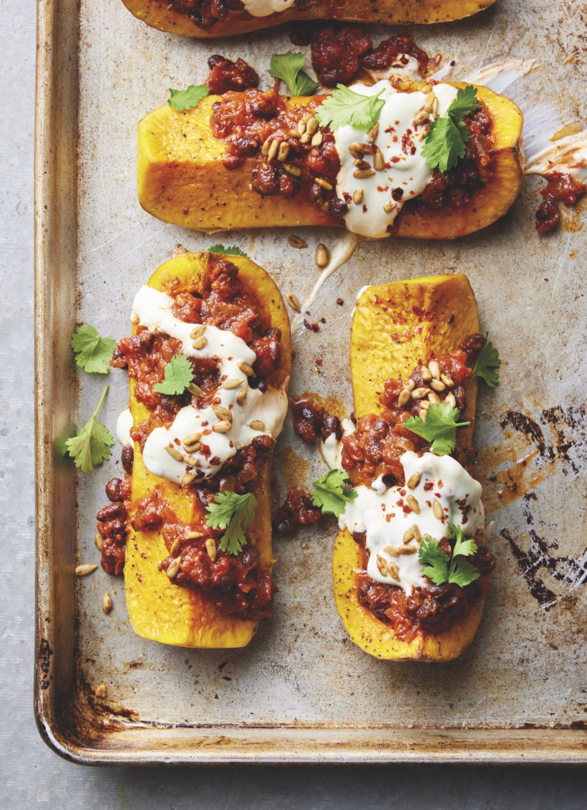 Roasted Butternut Pumpkin with Black Bean Chilli