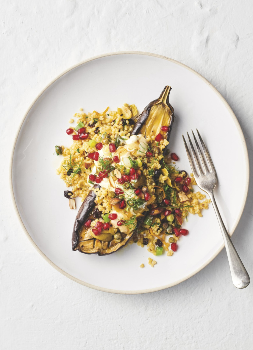 Sicilian-style Cracked Wheat Salad with Roasted Eggplant and Pomegranate