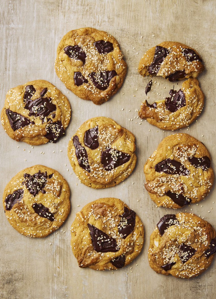 Dark Chocolate, Macadamia and Tahini Swirl Cookies