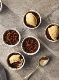 Silky Chocolate and Hazelnut Budino with Amaretti Crumb and Salted Caramel Gelato