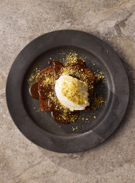 Sticky Cardamom Pudding with Brown Butter Caramel and Pistachio Dust 