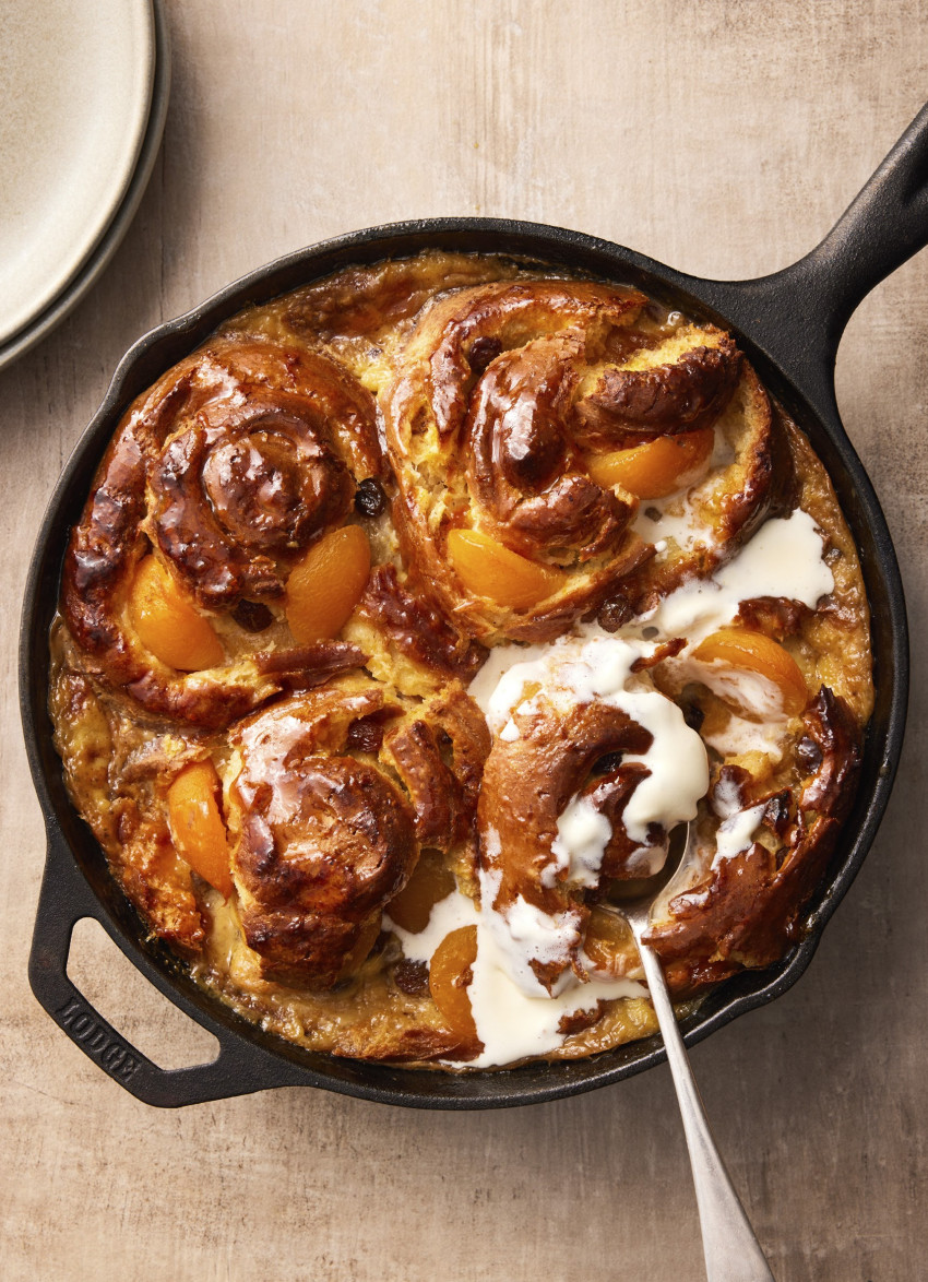 Boozy Fruits, Cinnamon Scroll and Apricot Pudding