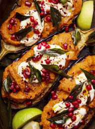 Cashew Korma-stuffed Eggplants with Pomegranate and Crispy Curry Leaves 
