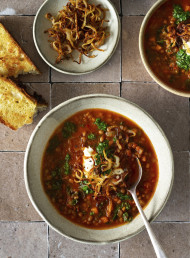 Harissa and Lentil Soup with Crispy Onions and Herbs 