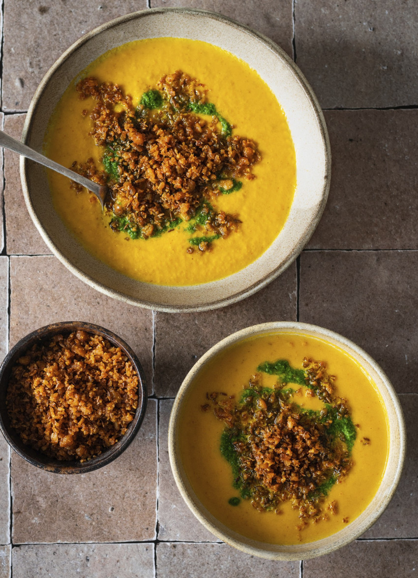 Spiced Carrot Soup with Chaat Chickpea Crumb and Coriander Salsa