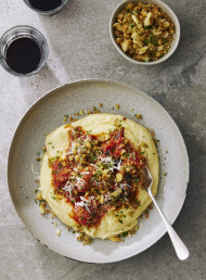 Sicilian-style Meatballs and Eggplant on Soft Polenta