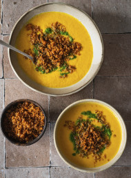 Spiced Carrot Soup with Chaat Chickpea Crumb and Coriander Salsa