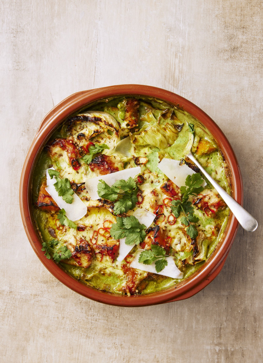 Creamy, Herby Pecorino, Cabbage and Pumpkin Gratin with Chilli and Cumin