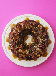 Festive Sticky Date, Orange & Fruit Mince Cake with Amaretto Butterscotch Sauce and Pecan Praline 