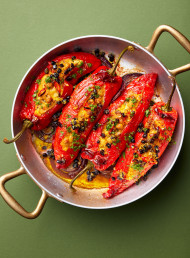 Polenta, Feta and Chickpea stuffed Romano Peppers with a Currant Dressing