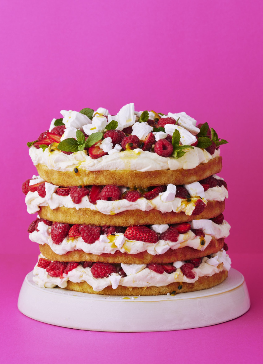 Strawberry, Passionfruit & Lime Pavlova Layer Cake with Mascarpone Cream and Elderflower