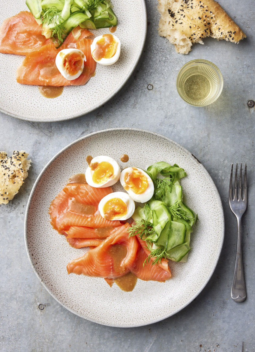 Smoked Salmon, Soft Eggs, Cucumber and Miso Dressing