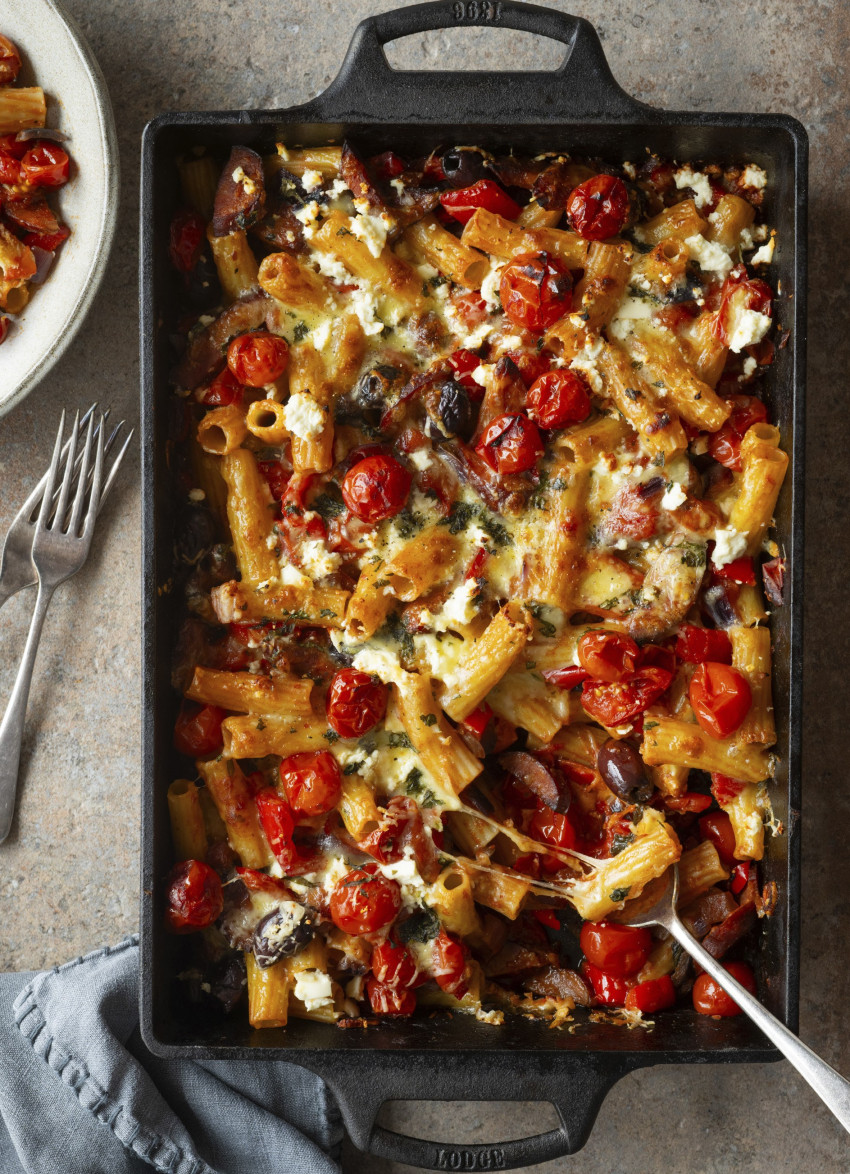 Chorizo, Olive and Cherry Tomato Pasta Bake