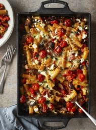 Chorizo, Olive and Cherry Tomato Pasta Bake