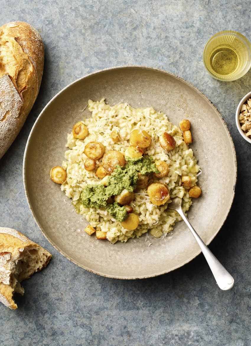 Risotto with Honey-roasted Parsnips and Walnut Parsley Pesto