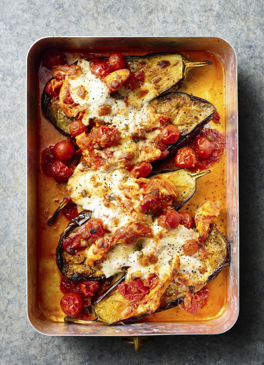 Roasted Eggplant with Chicken Puttanesca and Mozzarella