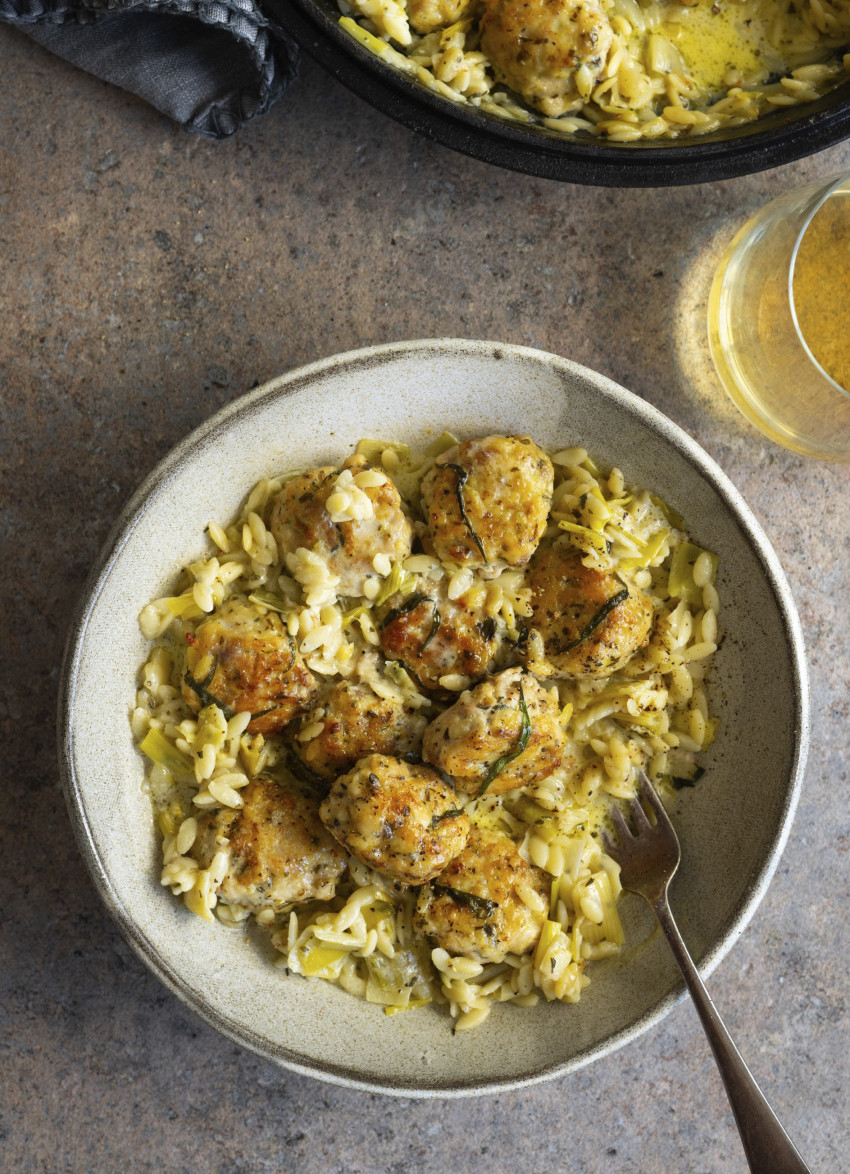 Tarragon and Chicken Meatballs with Creamy Leek Orzo