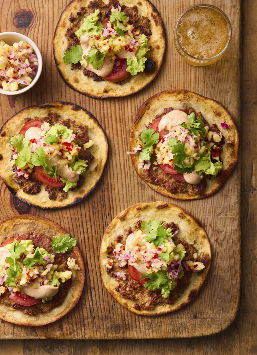 Pork and Chorizo Smash Burger Tacos with Pineapple Salsa