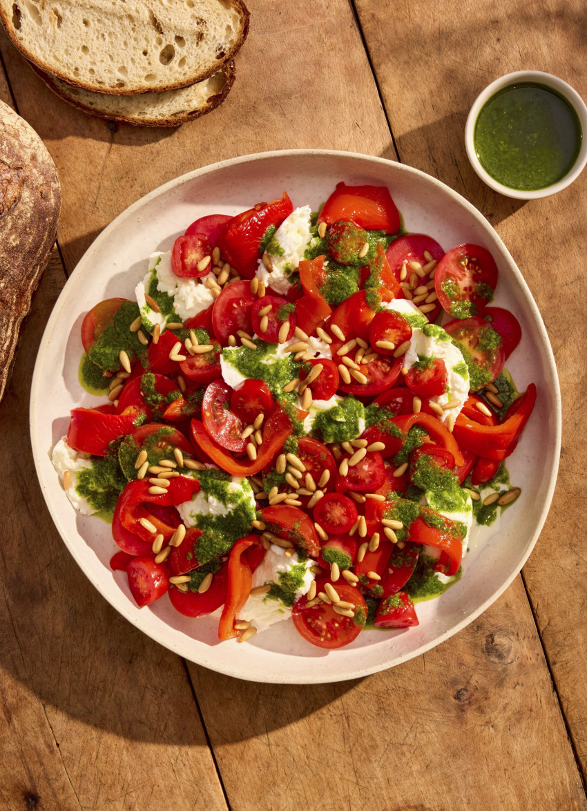 Tomato, Roasted Capsicum and Mozzarella Salad with Summer Herb Dressing