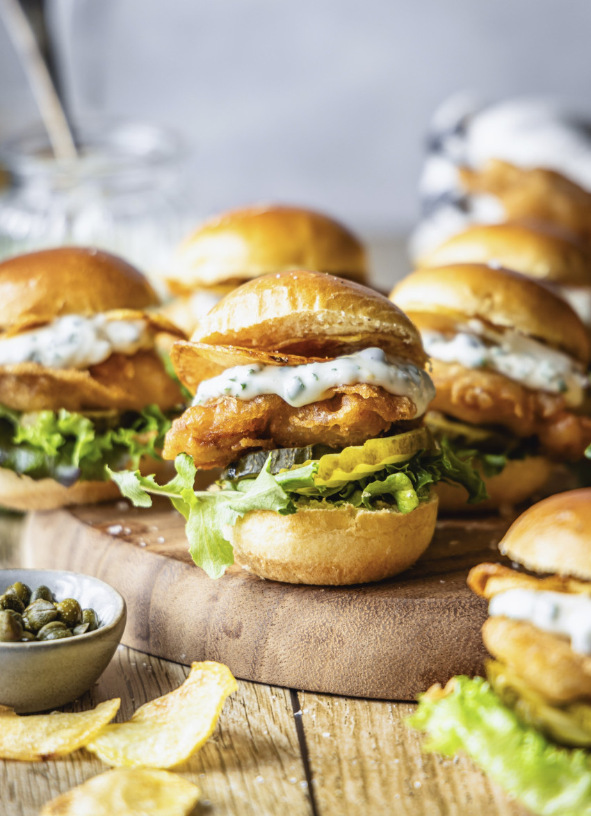 Beer-battered Fish and Chip Sliders with Lemon and Herb Mayo