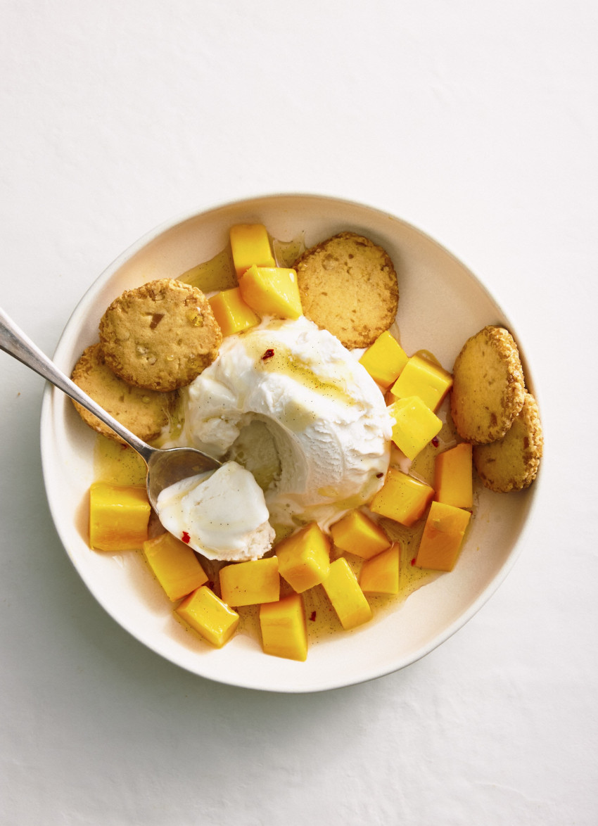 Coconut Ice Cream and Fresh Mango with Lime, Chilli and Vanilla Caramel and Double Ginger Shortbread