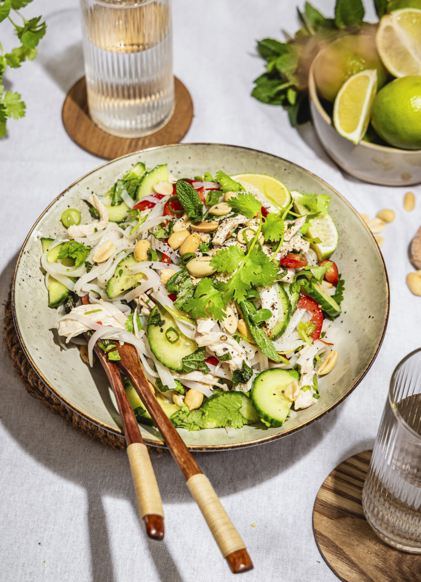 Chicken and Rice Noodle Salad with Cucumber, Peanuts and Soft Herbs