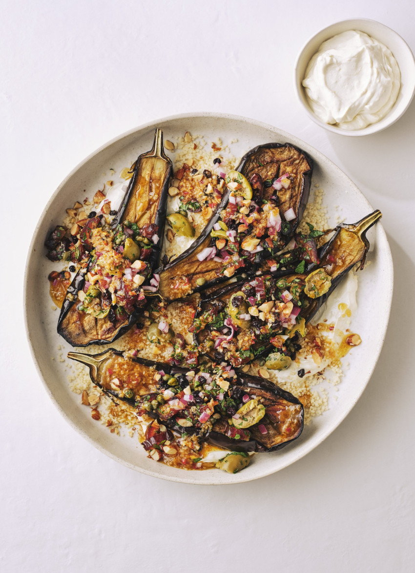 Eggplant with Date, Olive and Roasted Almond Salsa