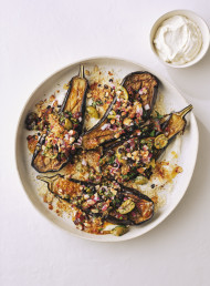 Eggplant with Date, Olive and Roasted Almond Salsa