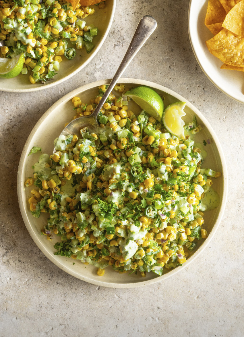 Grilled Corn Salad with Coriander, Lime and Feta Dressing