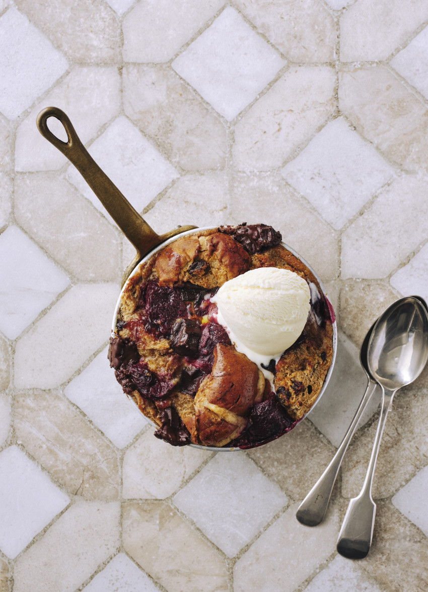 Black Doris Plums and Dark Chocolate Hot Cross Bun Pudding