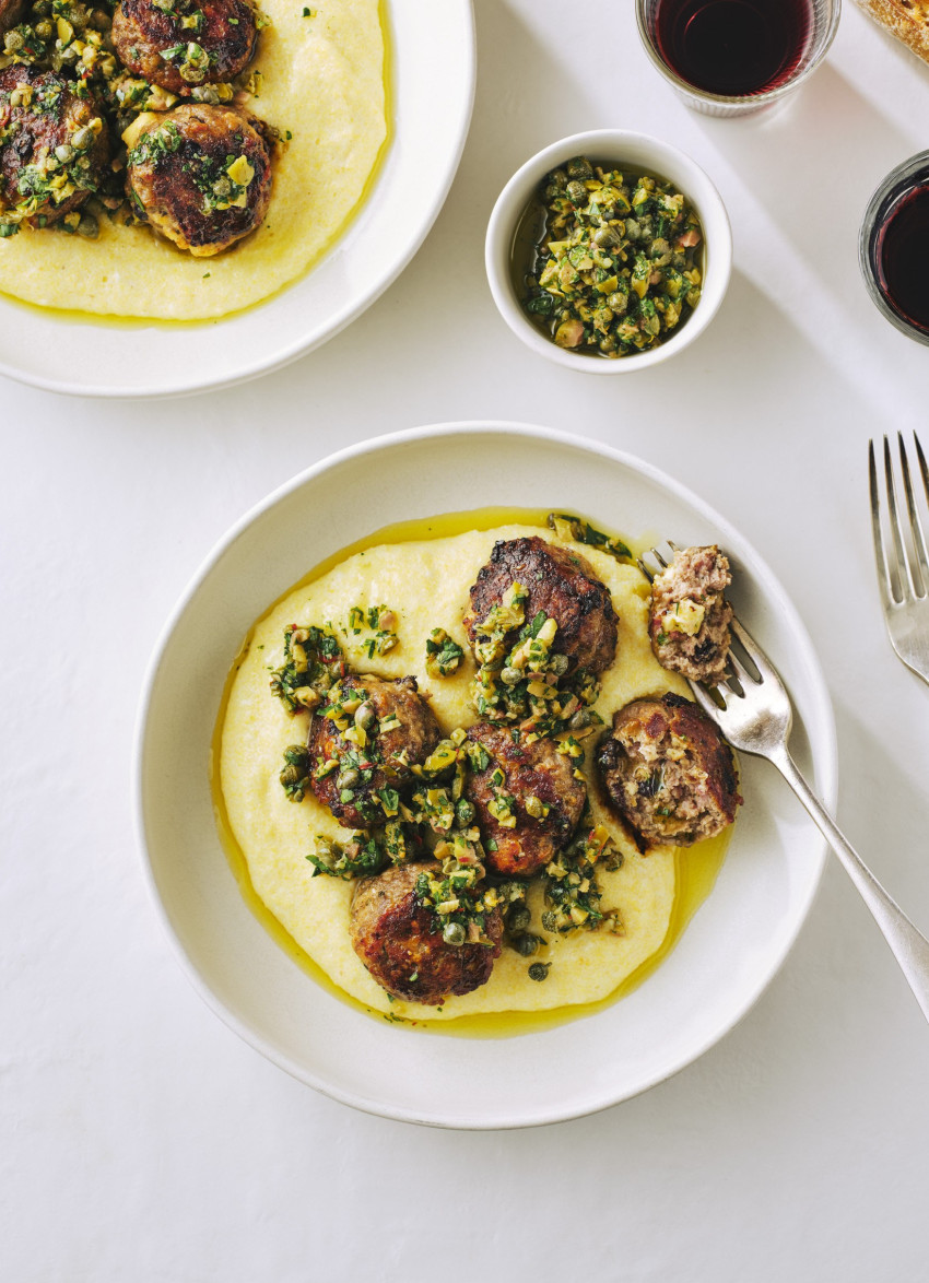 Baked Mediterranean Lamb Meatballs with Green Olive Salsa