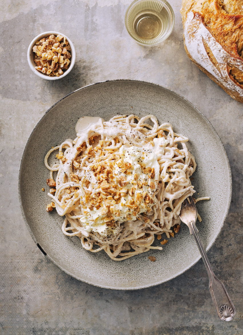 Ligurian Walnut Pesto with Spaghetti and Burrata
