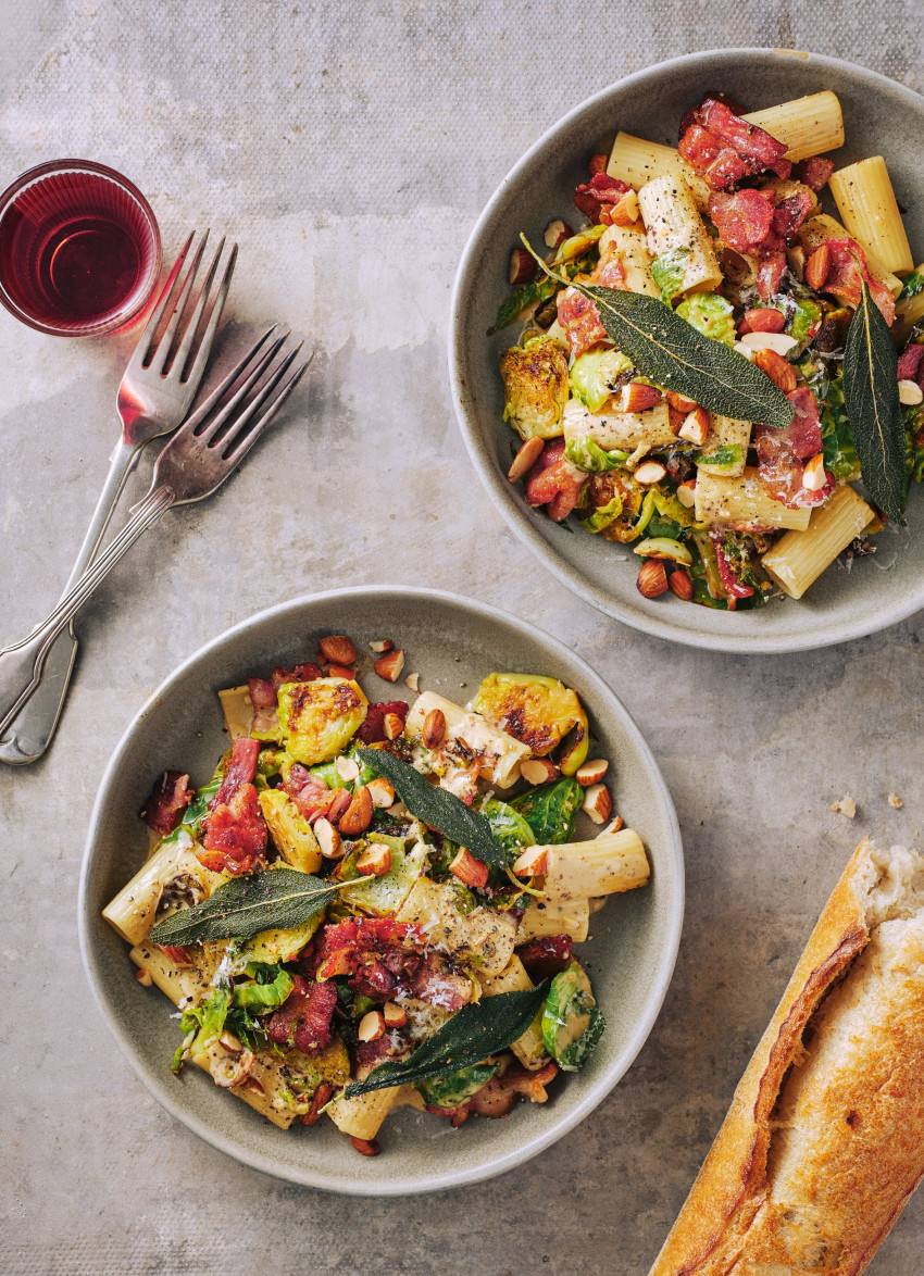 Rigatoni with Seared Brussels Sprouts and Bacon
