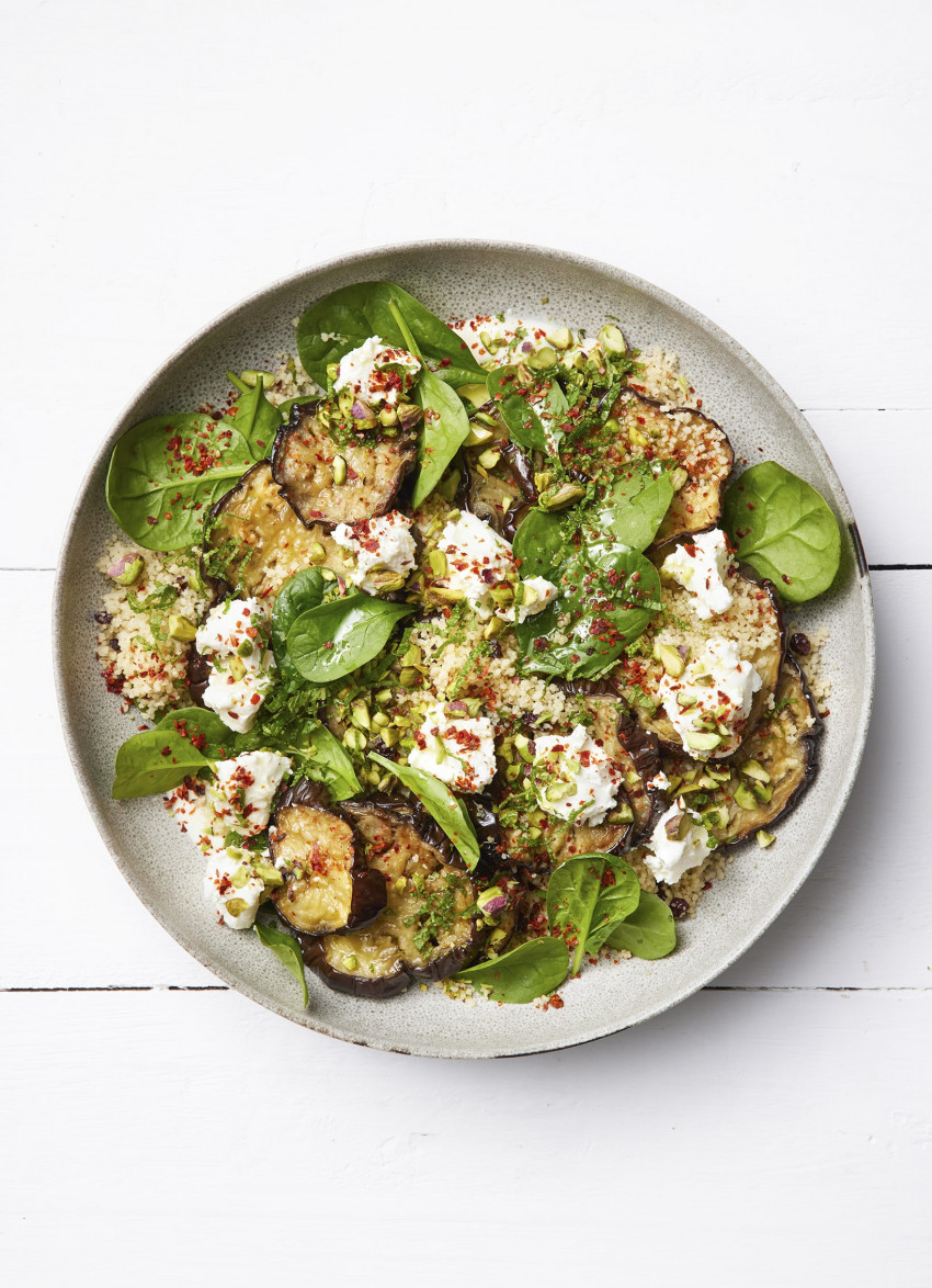 Eggplant, Spinach and Couscous Salad with Lemony Yoghurt Dressing
