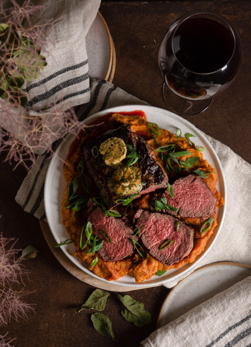 WHOLE EYE FILLET WITH PUMPKIN MISO MASH AND HERB BUTTER