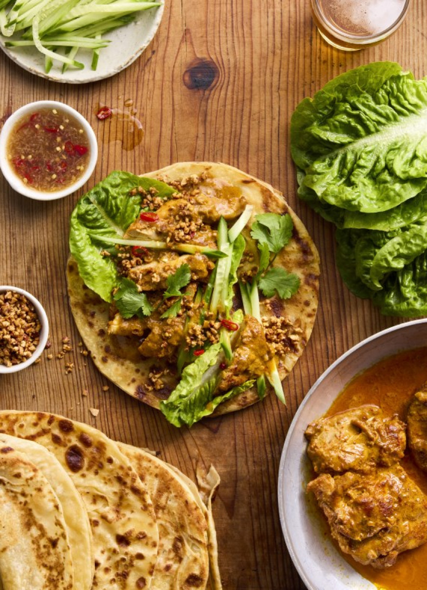 Curried Lemongrass Chicken Roti Wraps with Thai Herbs and Tamarind Dressing