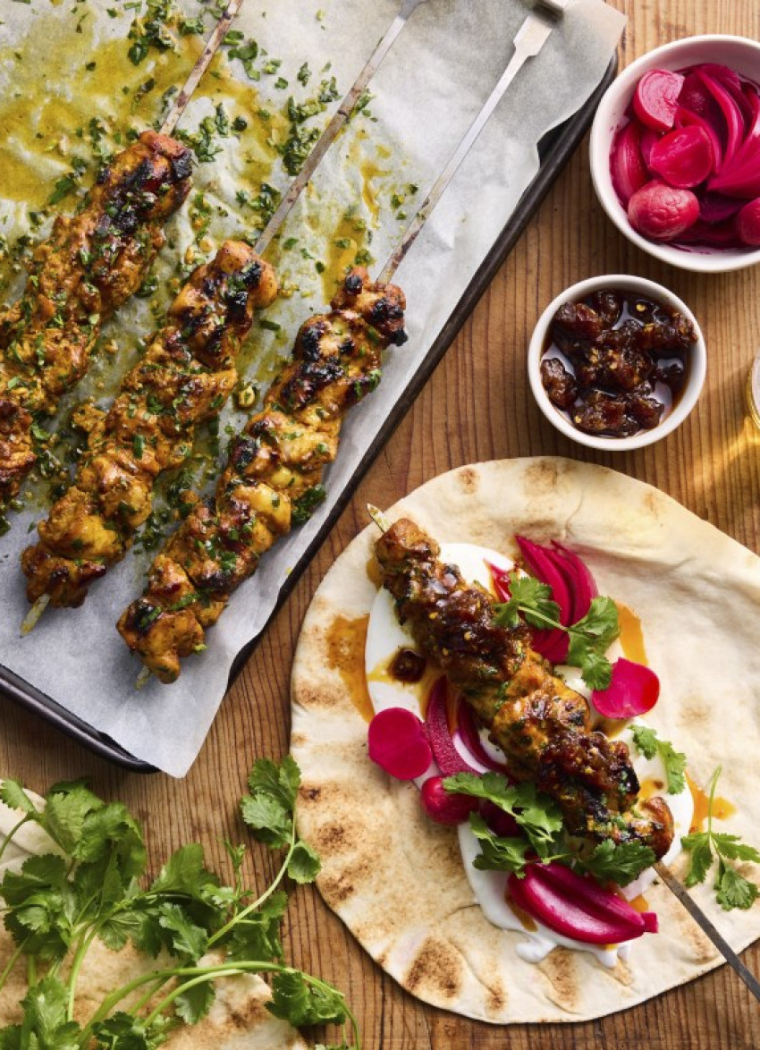 Chicken Shish Kebab Flatbreads with Pickles, Garlic Yoghurt and Sticky Date Relish