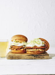 Tuscan Chicken Smash Burgers, Fennel Slaw and Sun-dried Tomato Mayo 