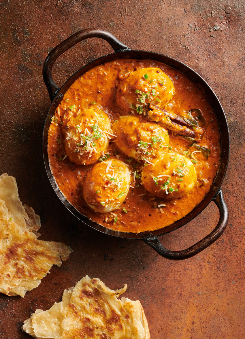 Golden Egg Curry with Green Chilli and Toasted Coconut Sambal