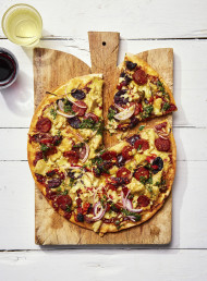 Chorizo, Artichoke and Mozzarella Pizza with Green Herb Drizzle