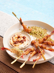 Harissa Grilled Prawns with Harissa Mayo and Pistachio Dukkah