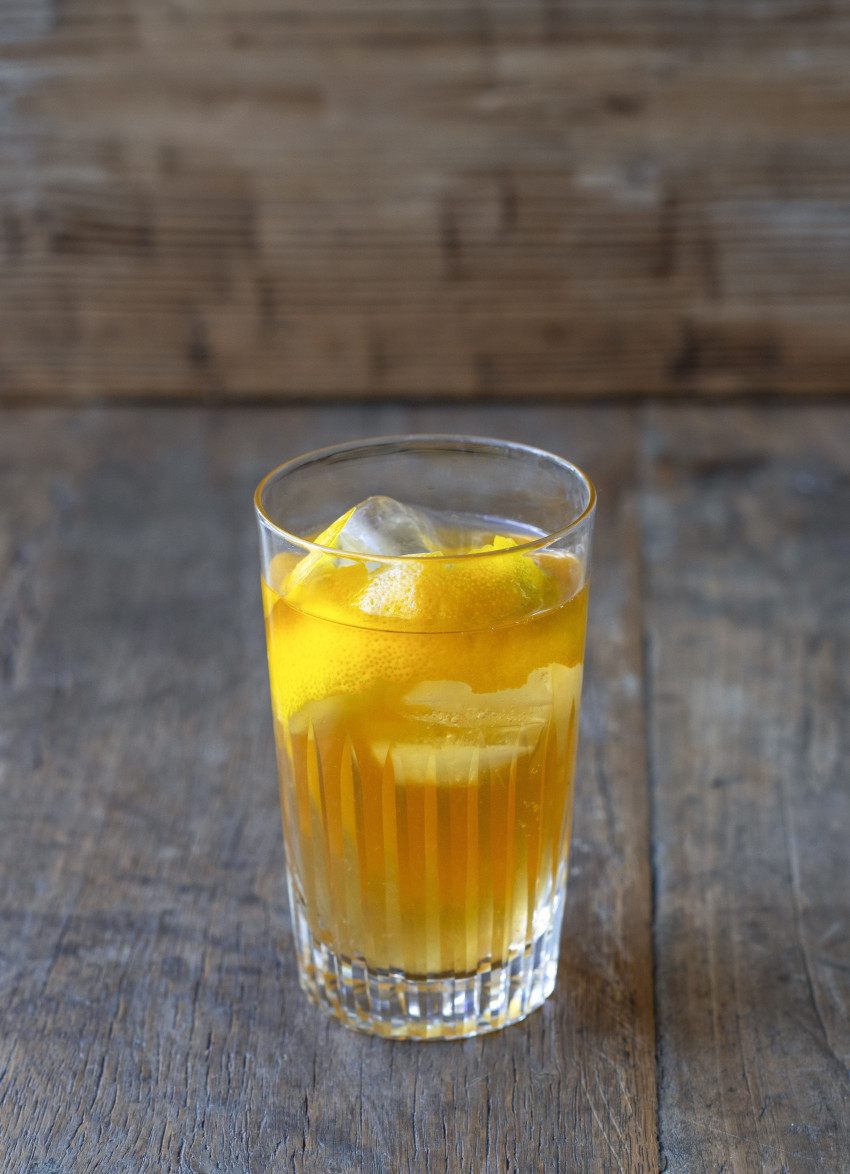 Grapefruit marmalade, pushed through a sieve and chilled ginger tea with lemon peel.