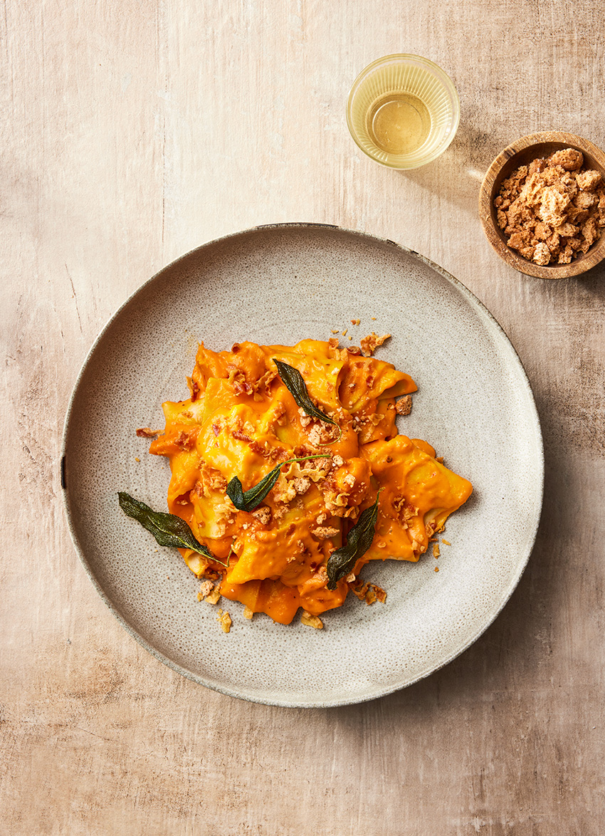 Anna Burn-Francis' Pumpkin Pasta with Crispy Amaretti and Pancetta Crumbs