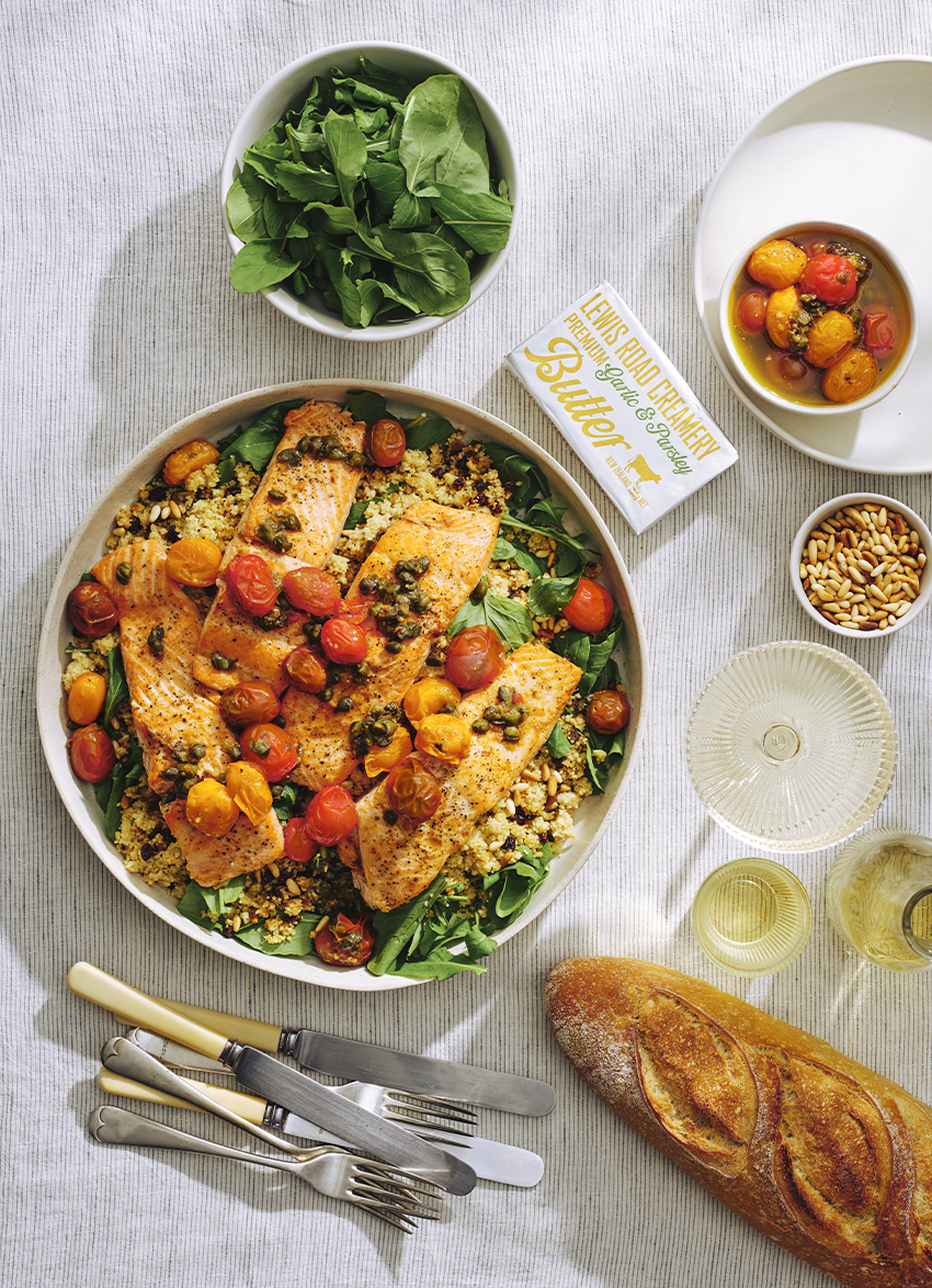 Garlic & Parsley Butter Seared Salmon with Blistered Tomatoes and Couscous