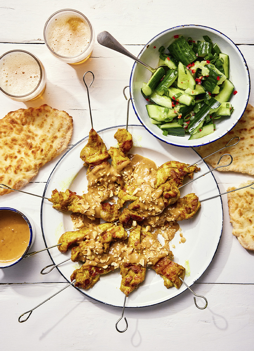 Thai Chicken Satay Skewers with Smashed Cucumber Salad