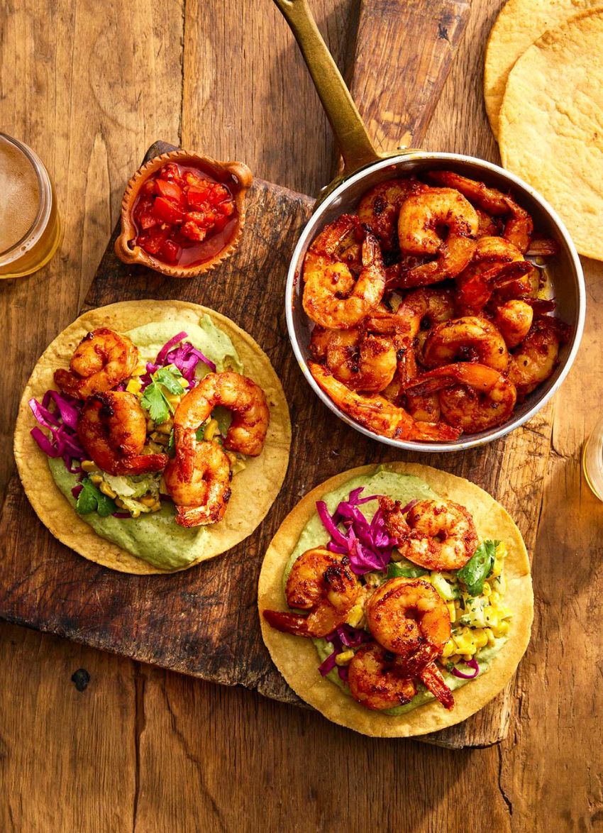 Table spread of Fiesta Tostadas with Spicy Prawns