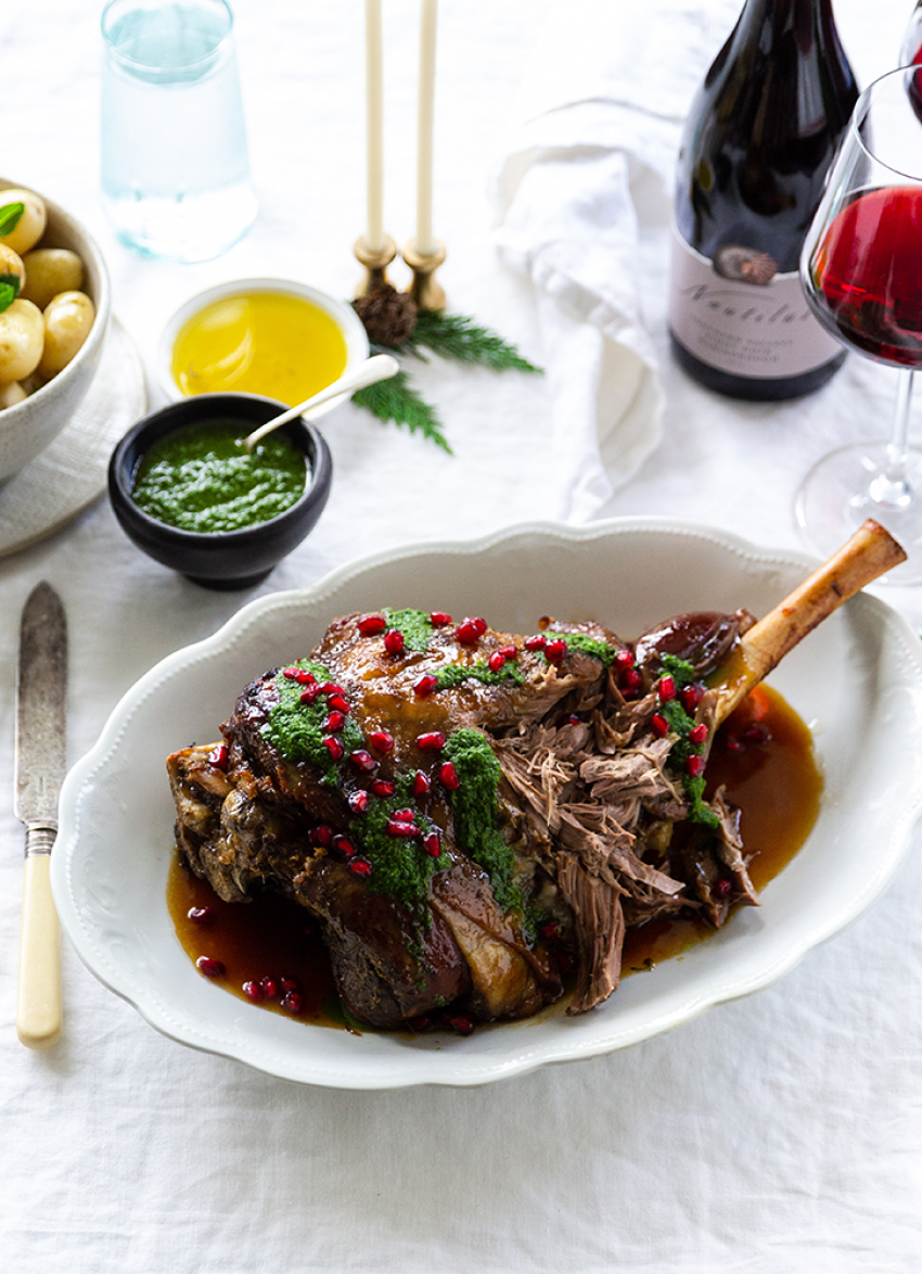 Spiced Slow Roasted Lamb Leg with Fresh Herb Sauce and Pomegranate Seeds