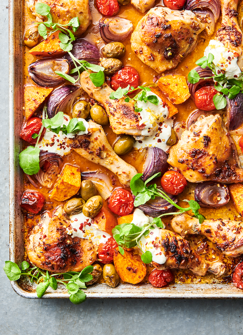 Harissa Roasted Chicken with Kūmara and Green Olives